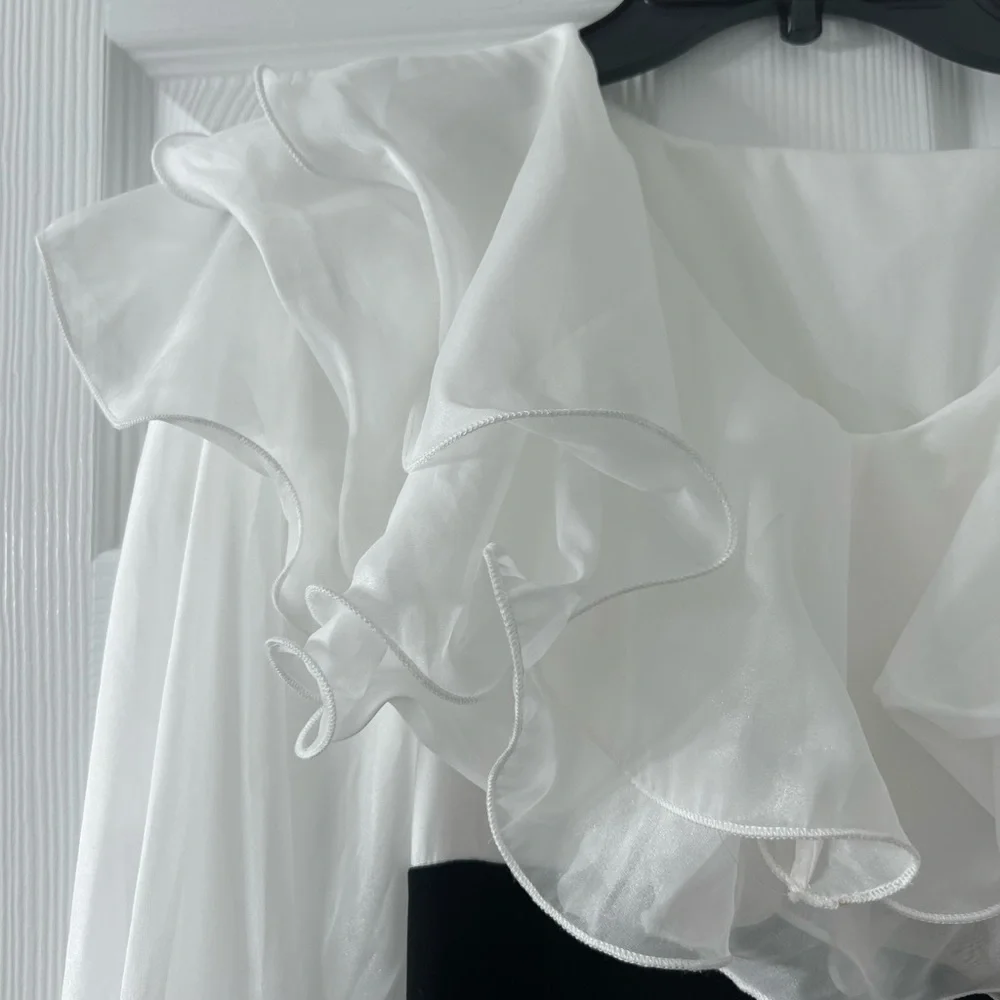 Lantern Sleeve Layered Ruffle Detail Split Hem Combo Dress - Picture 6 of 7